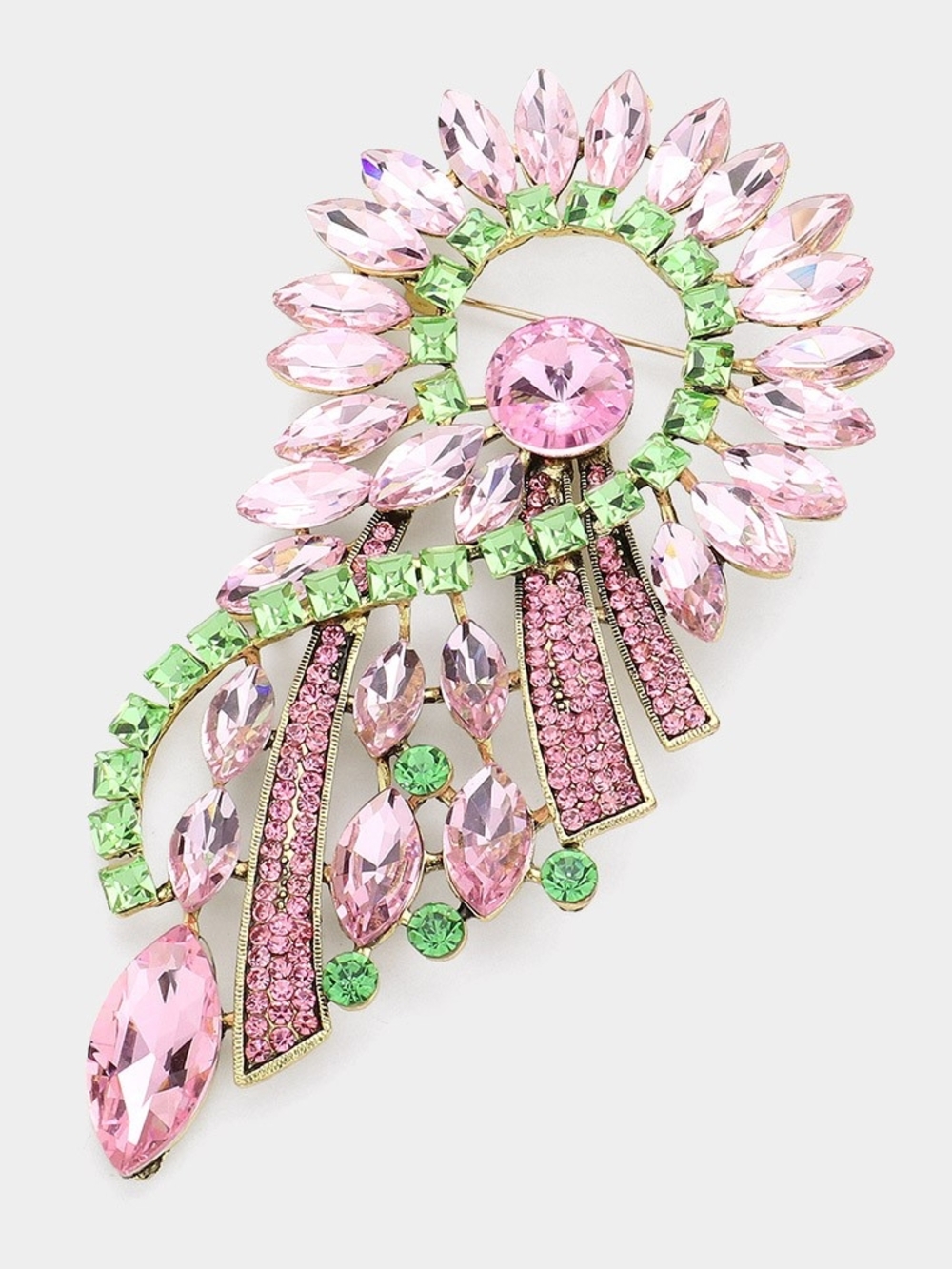 Pink Green Rhinestone Crystal Abstract Cluster Brooch Pin Statement Accessory - Picture 1 of 3